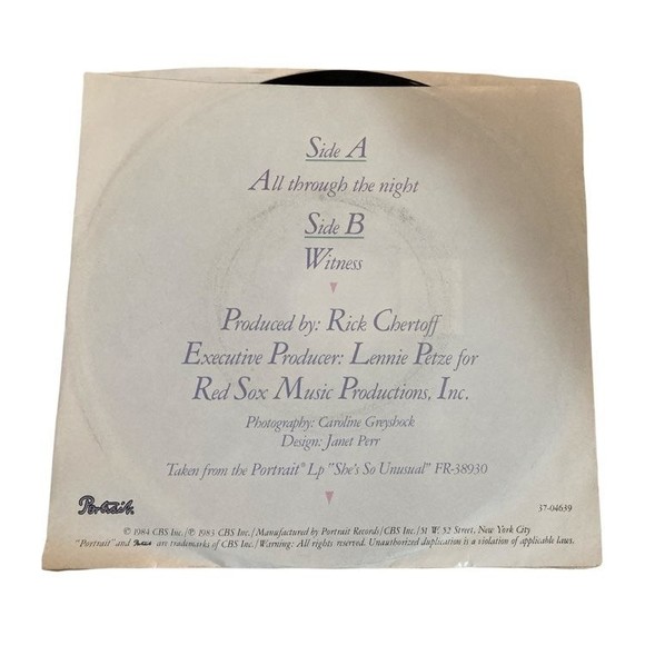 1983 Cyndi Lauper 7" 45 Vinyl Record Witnes/ All Through the Night With Picture - Picture 2 of 4